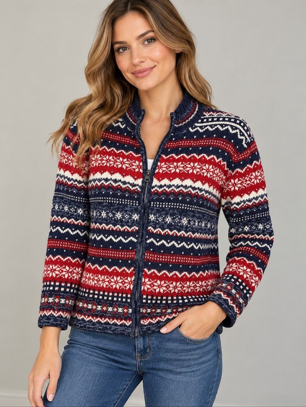 HEIRLOOM COLLECTIBLES Fair Isle Zip Christmas Snowflake Cardigan Sweater